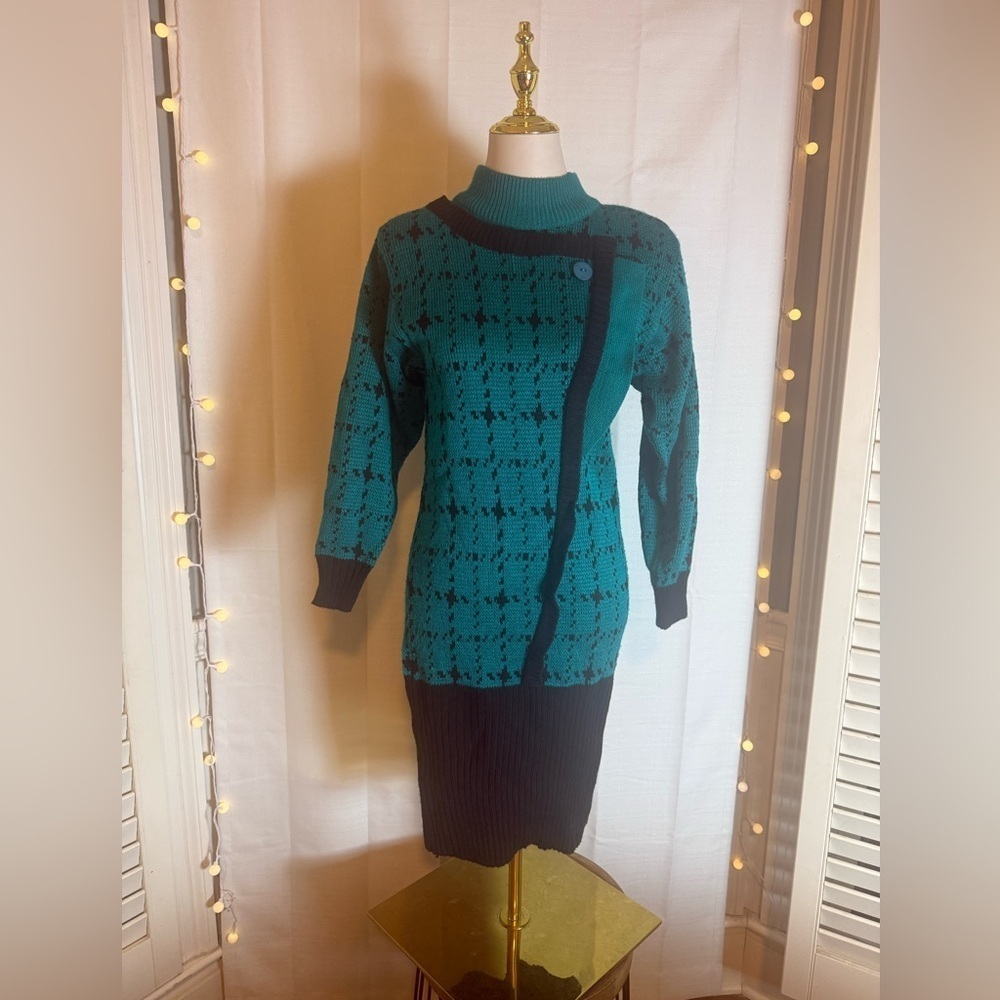 Milano Vintage Knit Sweater Dress Teal Black Asymmetrical Button M 80s 90s - Picture 6 of 6